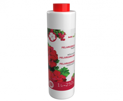 Pelargonijų 1 L. Skystos trąšos, skirtos gausiam ir ilgam pelargonijų žydėjimui. Gėlėms augančioms lauke. Augančioms viduje